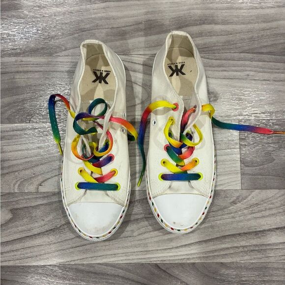 Kook n Keech White Sneakers with Rainbow Stripe & Gradient Laces – US 8 - Picture 1 of 6